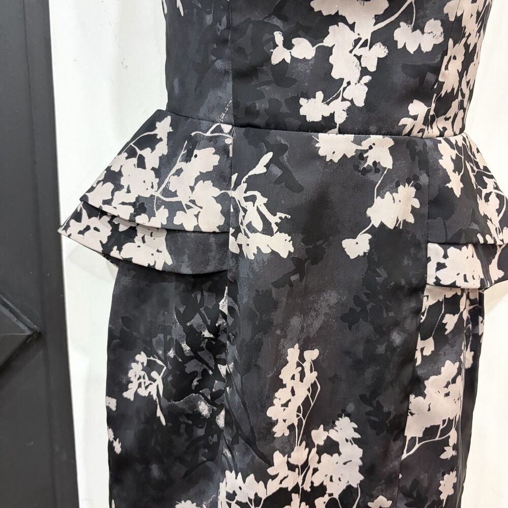 H&M Strapless Black Gray Floral Peplum Dress Size 4 Cocktail Lined - Picture 2 of 4